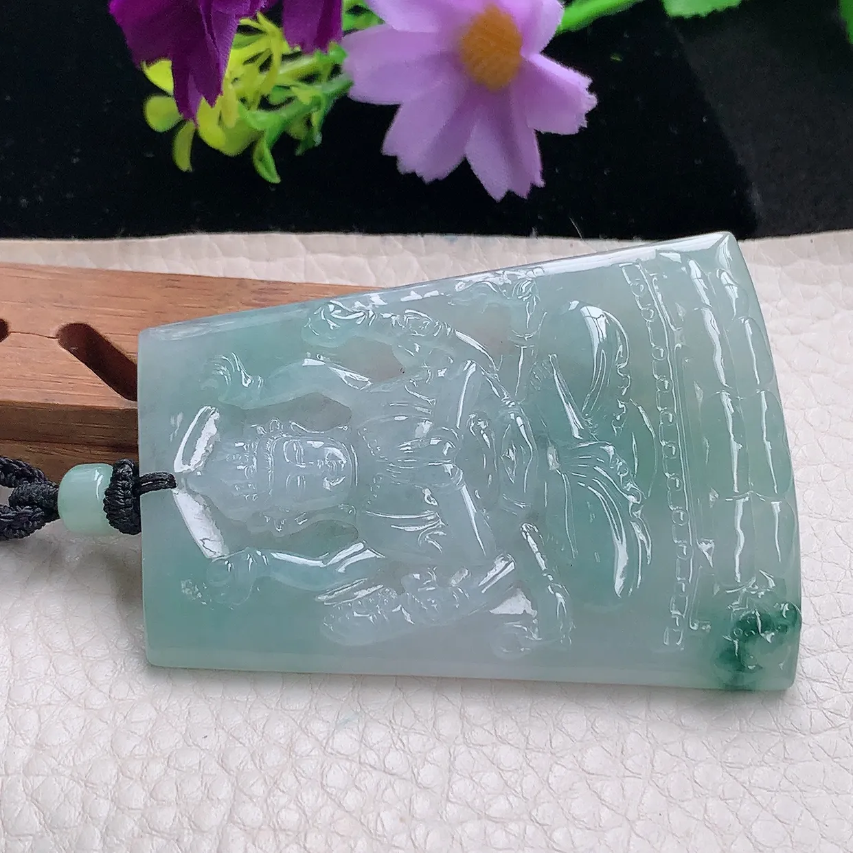 yl自然光65*48*6.3天然缅甸翡翠冰飘花千手观音 玉观音玉吊坠 玉挂件