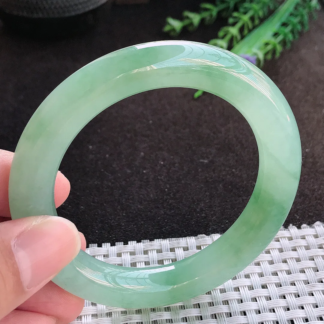 自然光54.5/18.7/10.8老坑冰胶果冻冰晴绿圆条手镯翡翠玉镯美人镯