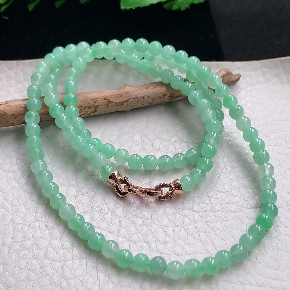 axm实拍5mm缅甸翡翠精雕冰绿5mm圆珠玉项链 玉珠链 周长约580mm