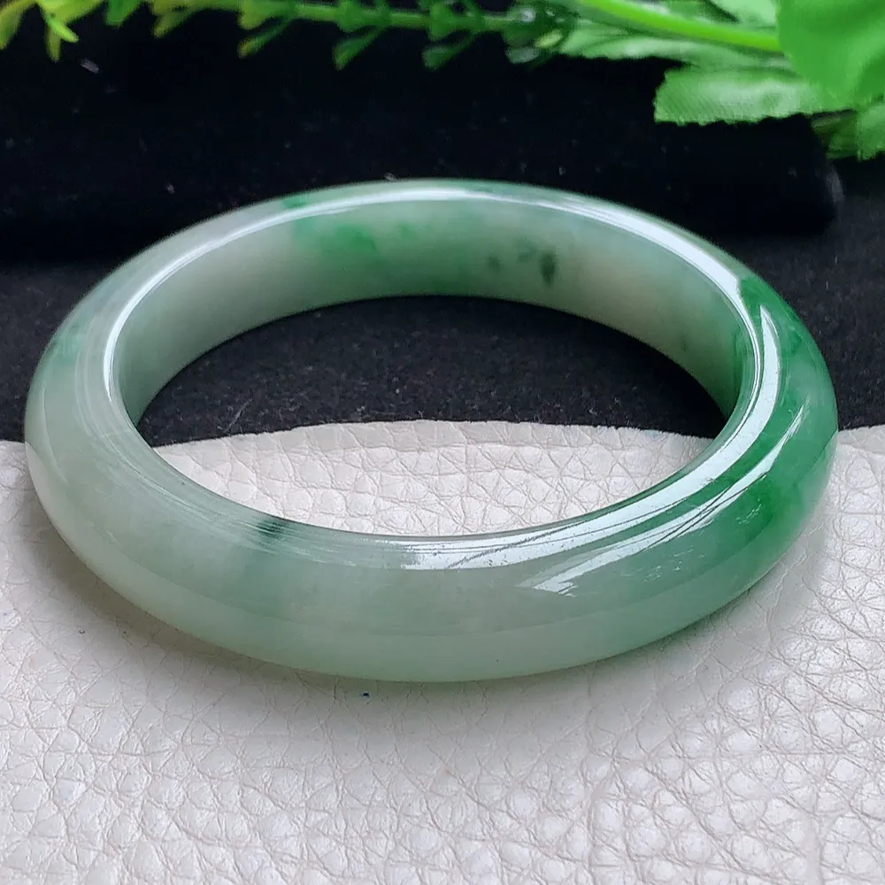 ll自然光56.5*11.6*8.7平安镯 天然缅甸翡翠a货辣绿宽边玉镯子 玉手环