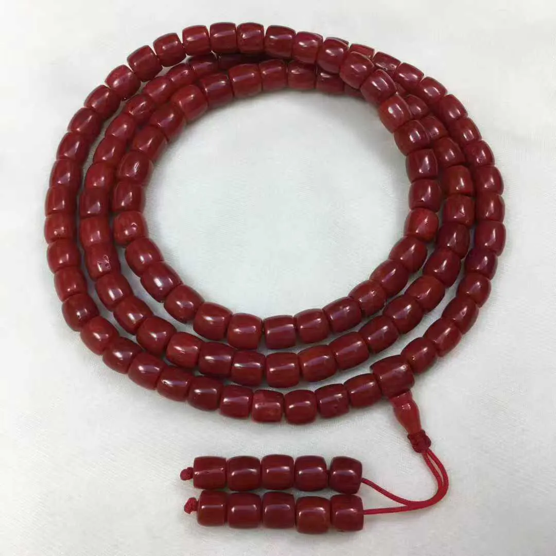 【天然深牛血珊瑚小8mm老型大桶珠108佛珠串】项链手链两用款！传承精品！西班牙产地，科西卡材料，深