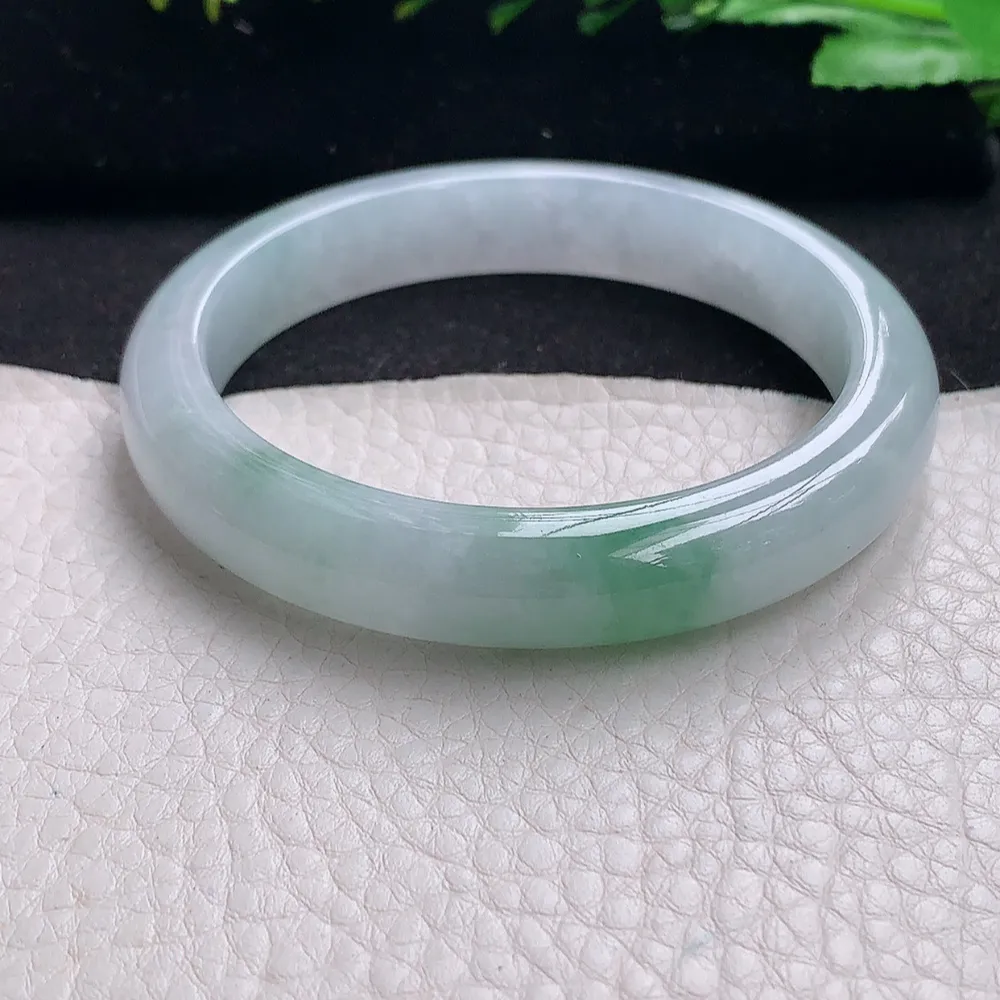 ll自然光57.5*11*7.8平安镯 天然缅甸翡翠a货飘冰飘花秀气宽边玉镯子 玉手环