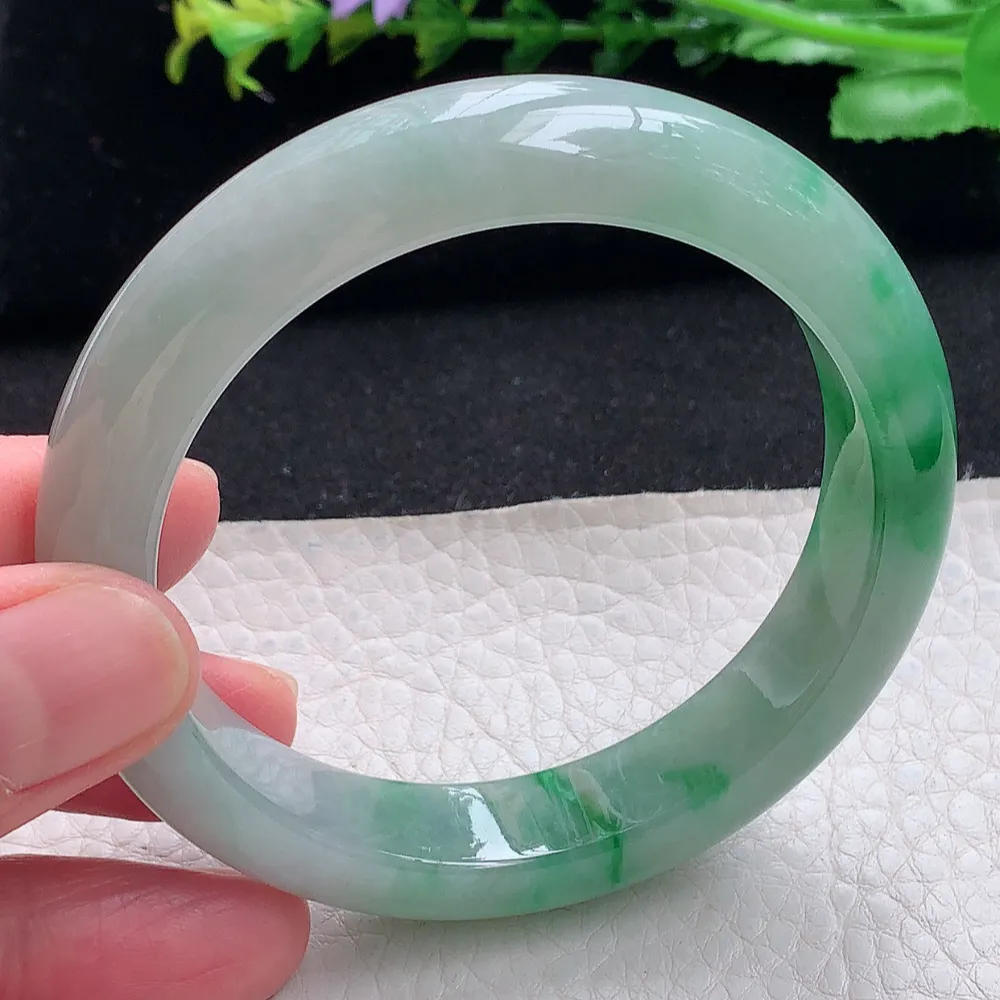 ll自然光56*12.5*8.5平安镯 天然缅甸翡翠a货辣绿宽边玉镯子 玉手环