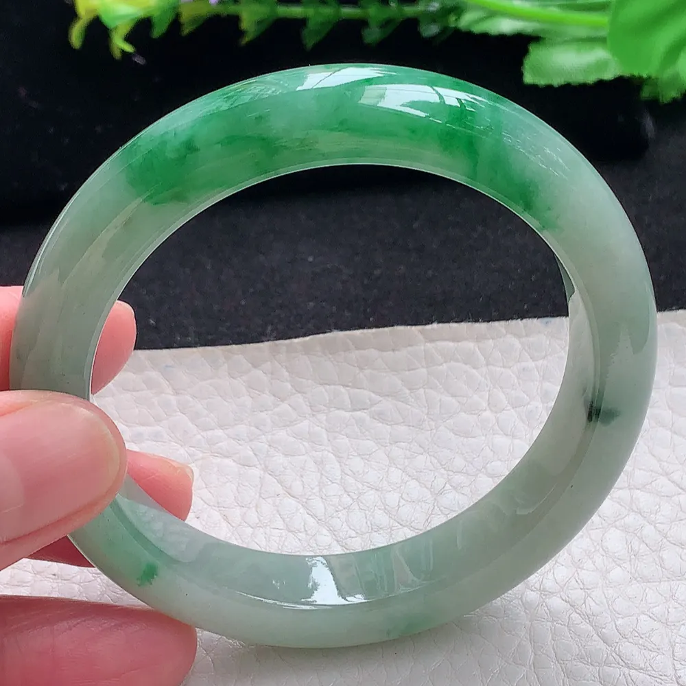 ll自然光56.5*11.6*8.7平安镯 天然缅甸翡翠a货辣绿宽边玉镯子 玉手环