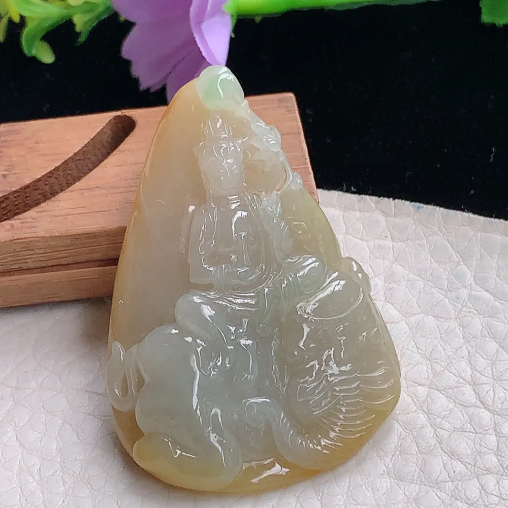 lz自然光33.8*19.5*6.8天然缅甸翡翠冰双彩普贤菩萨 玉观音玉吊坠 玉挂件