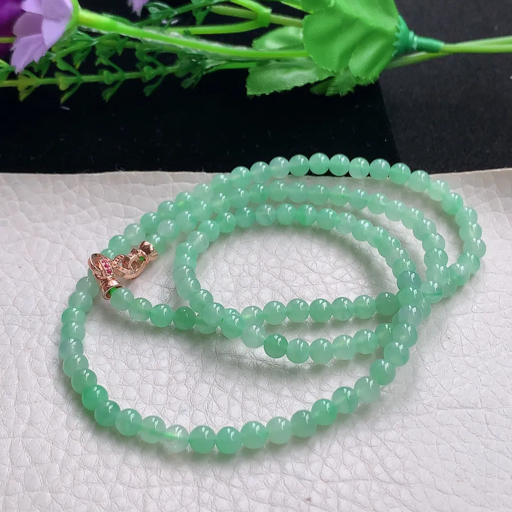 axm实拍5mm缅甸翡翠精雕冰绿5mm圆珠玉项链 玉珠链 周长约580mm