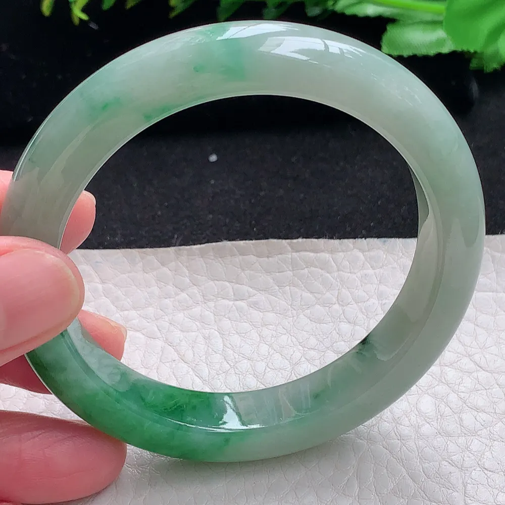 ll自然光56.5*11.6*8.7平安镯 天然缅甸翡翠a货辣绿宽边玉镯子 玉手环