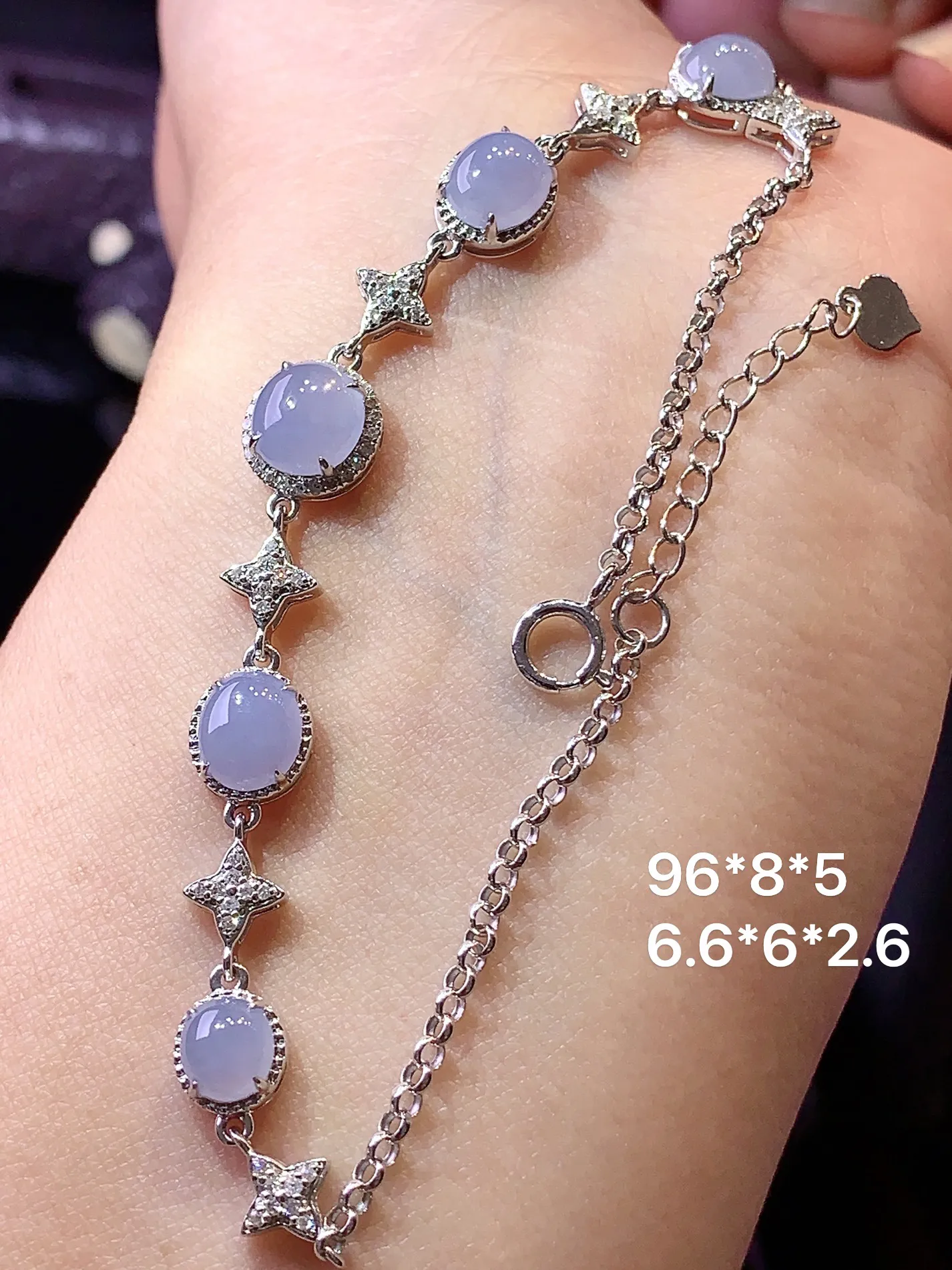 18k金钻镶嵌紫罗兰蛋面手链 玉质细腻 色泽艳丽 整体尺寸96*8*5