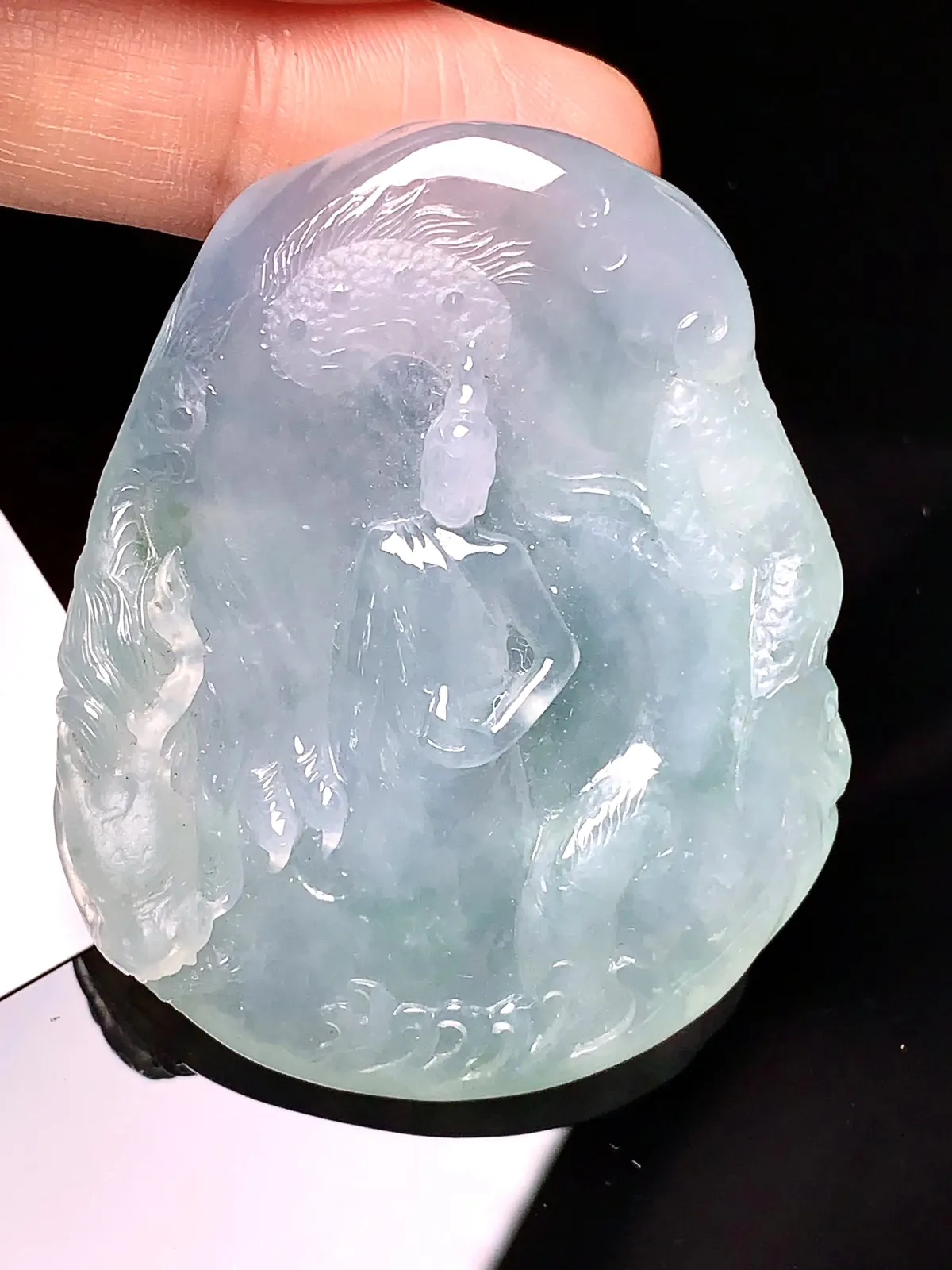 冰种乘龙无相观音吊坠 玉质细腻 色泽艳丽 整体尺寸50.5*41.3*10.8