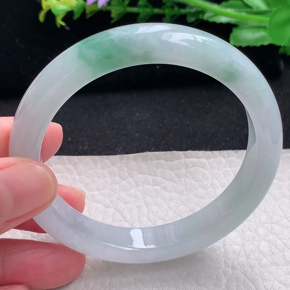 ll自然光57.5*11*7.8平安镯 天然缅甸翡翠a货飘冰飘花秀气宽边玉镯子 玉手环