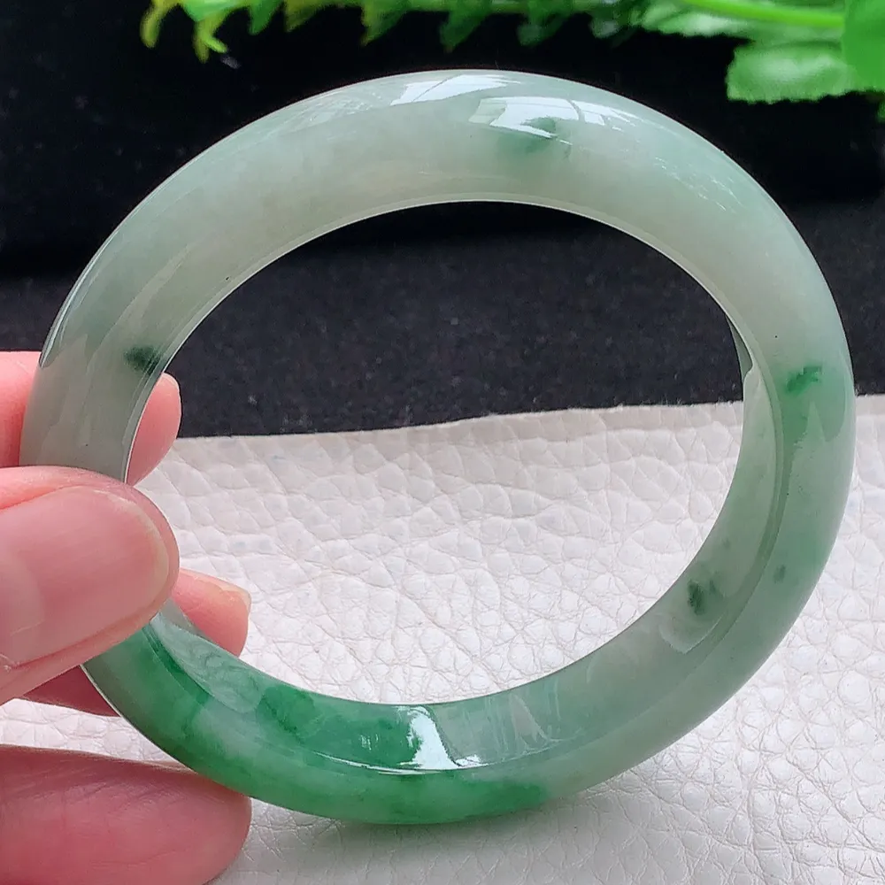 ll自然光56.5*11.6*8.7平安镯 天然缅甸翡翠a货辣绿宽边玉镯子 玉手环