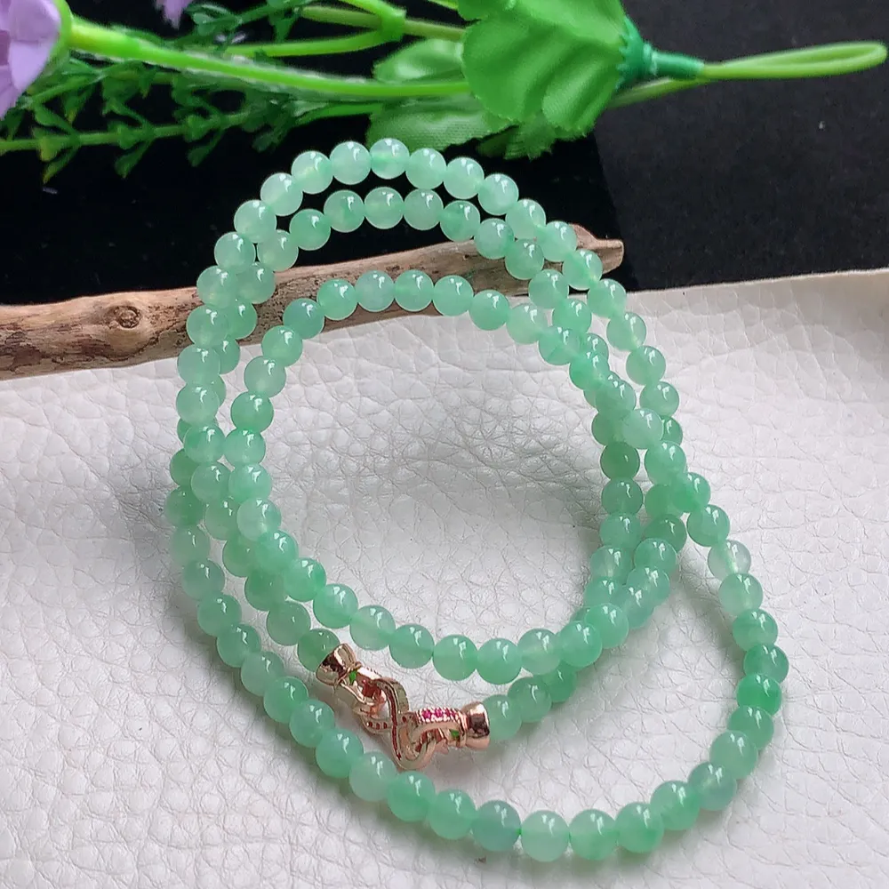 axm实拍5mm缅甸翡翠精雕冰绿5mm圆珠玉项链 玉珠链 周长约580mm