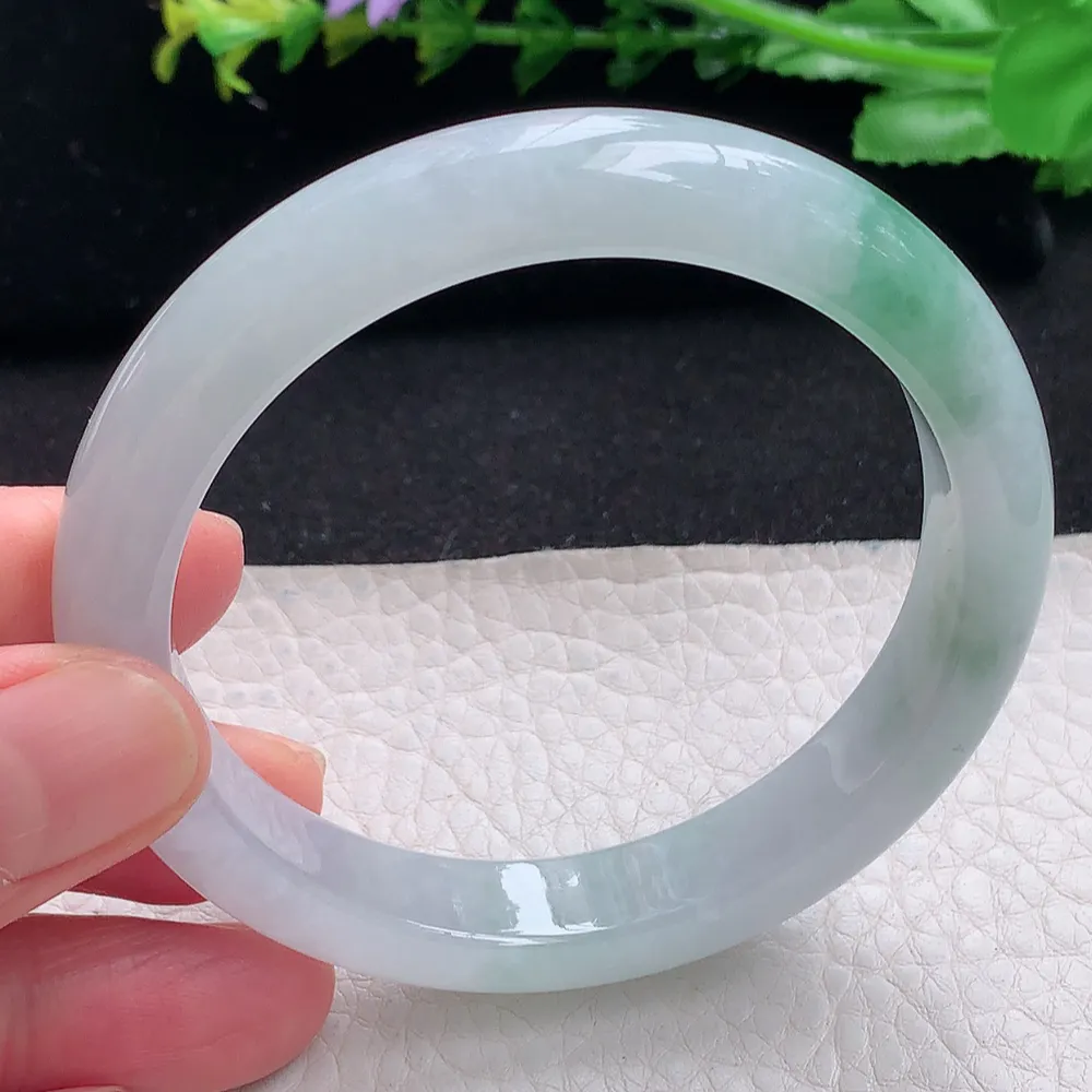 ll自然光57.5*11*7.8平安镯 天然缅甸翡翠a货飘冰飘花秀气宽边玉镯子 玉手环