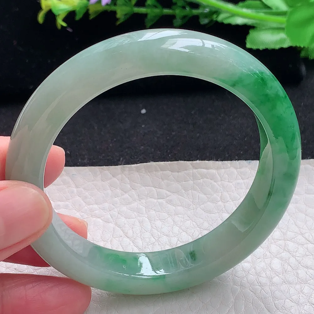 ll自然光56.5*11.6*8.7平安镯 天然缅甸翡翠a货辣绿宽边玉镯子 玉手环