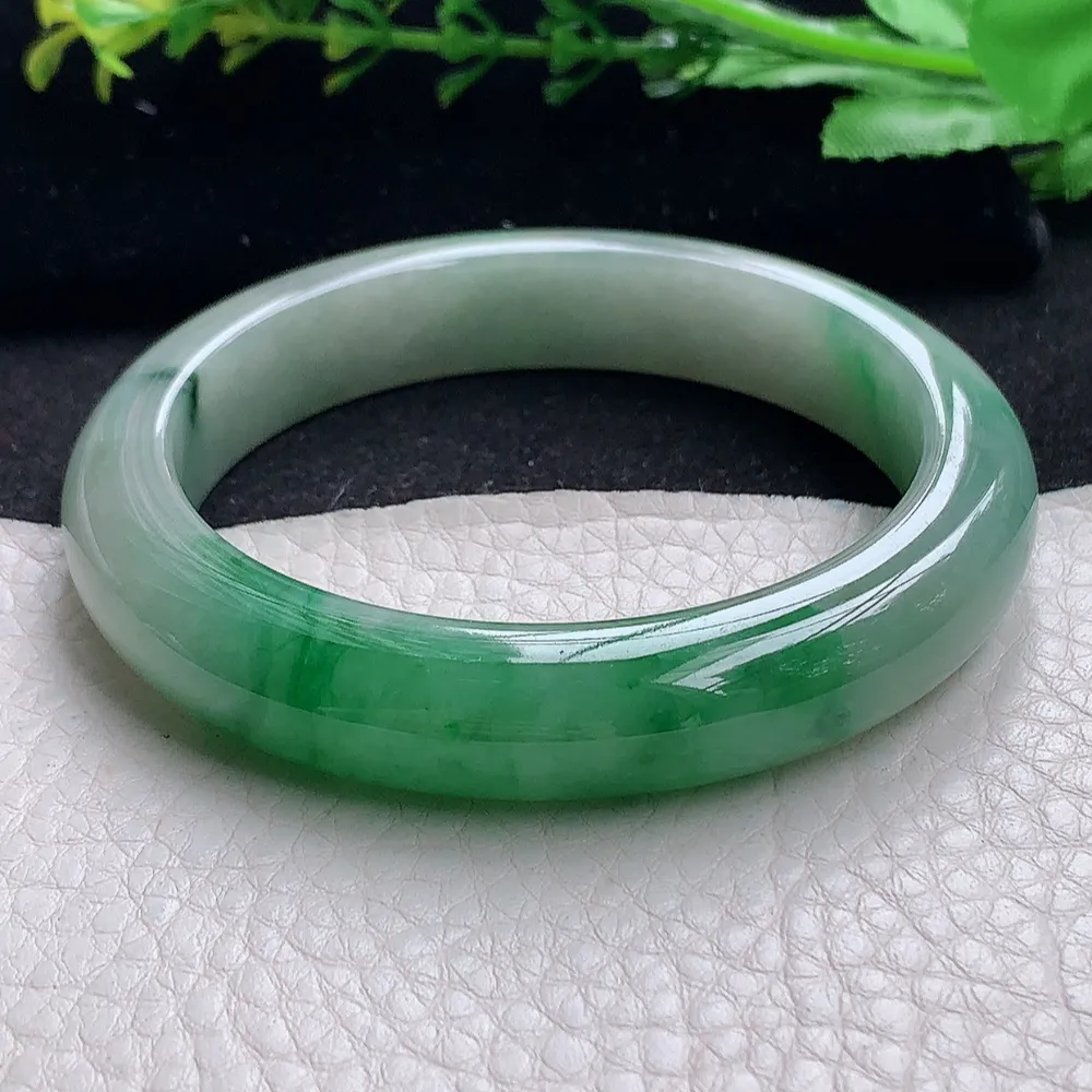 ll自然光56.5*11.6*8.7平安镯 天然缅甸翡翠a货辣绿宽边玉镯子 玉手环