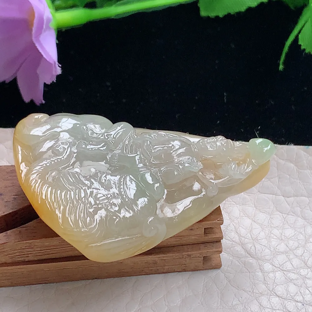 lz自然光33.8*19.5*6.8天然缅甸翡翠冰双彩普贤菩萨 玉观音玉吊坠 玉挂件