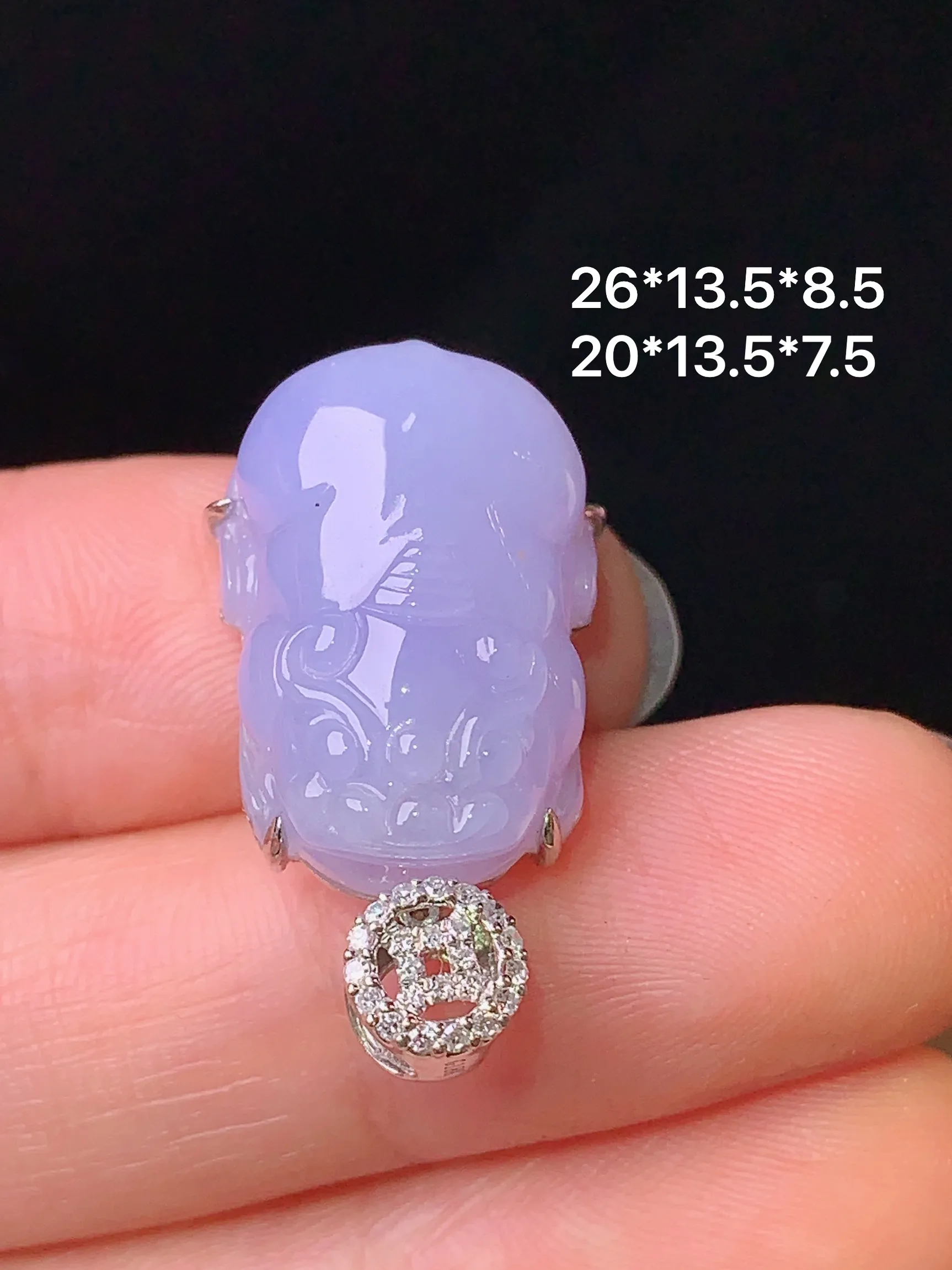 18k金钻镶嵌紫罗兰貔貅吊坠 玉质细腻 色泽艳丽 整体尺寸26*13.5*8.5