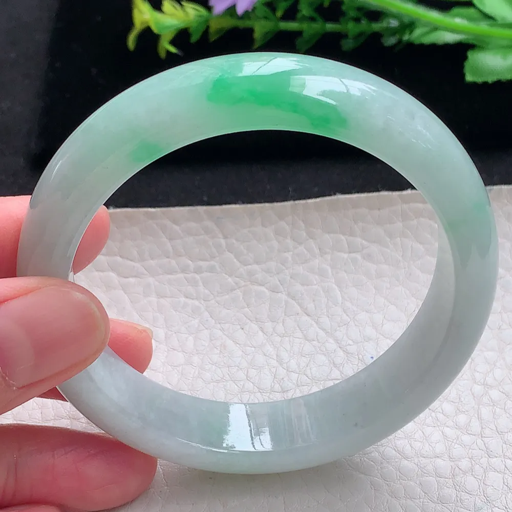 ll自然光58*14.2*8平安镯 天然缅甸翡翠a货飘阳绿宽边玉镯子 玉手环