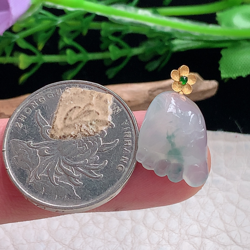 axm自然光16*13.3*9.2天然缅甸翡翠冰飘花知足常乐 小脚丫玉吊坠 锁骨坠