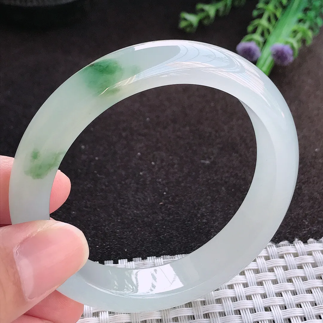 自然光56/12.9/8.3老坑冰透果冻胶冰飘花手镯宽边翡翠玉镯美人镯