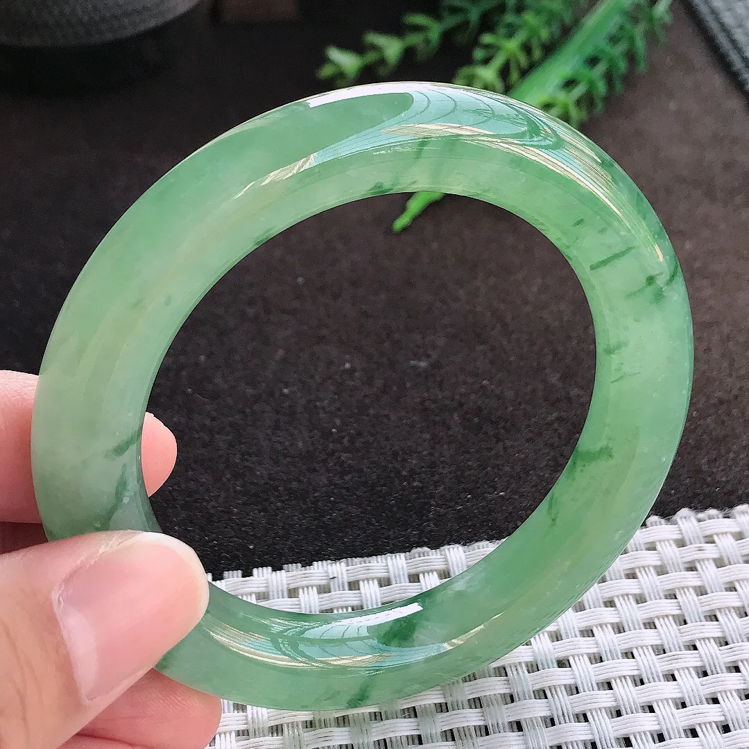 自然光55/11.2/11老坑冰胶果冻冰晴满绿圆条手镯翡翠玉镯美人镯