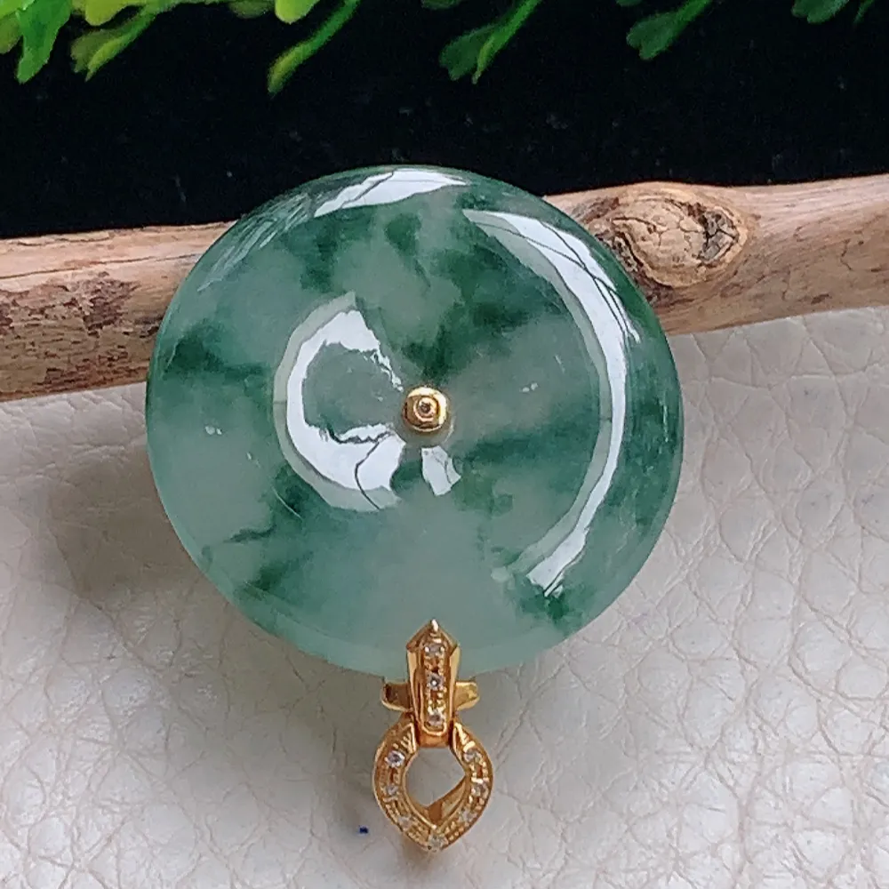 axm自然光26.2*4.3天然缅甸翡翠冰飘花平安扣 玉扣玉吊坠 玉挂件