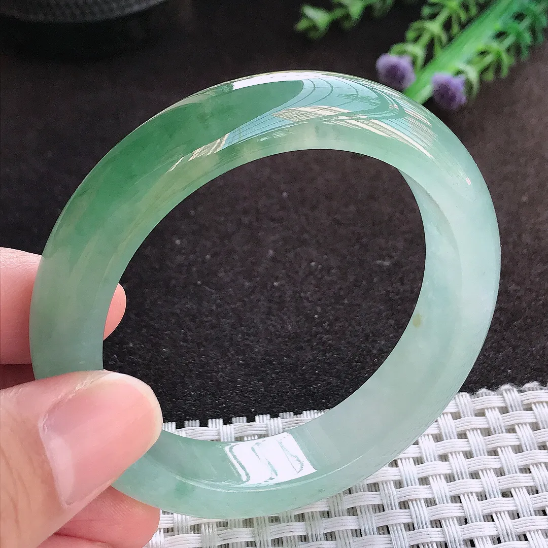 自然光53.5/12.6/8.8老坑冰胶果冻半山水冰油绿手镯宽边翡翠玉镯美人镯