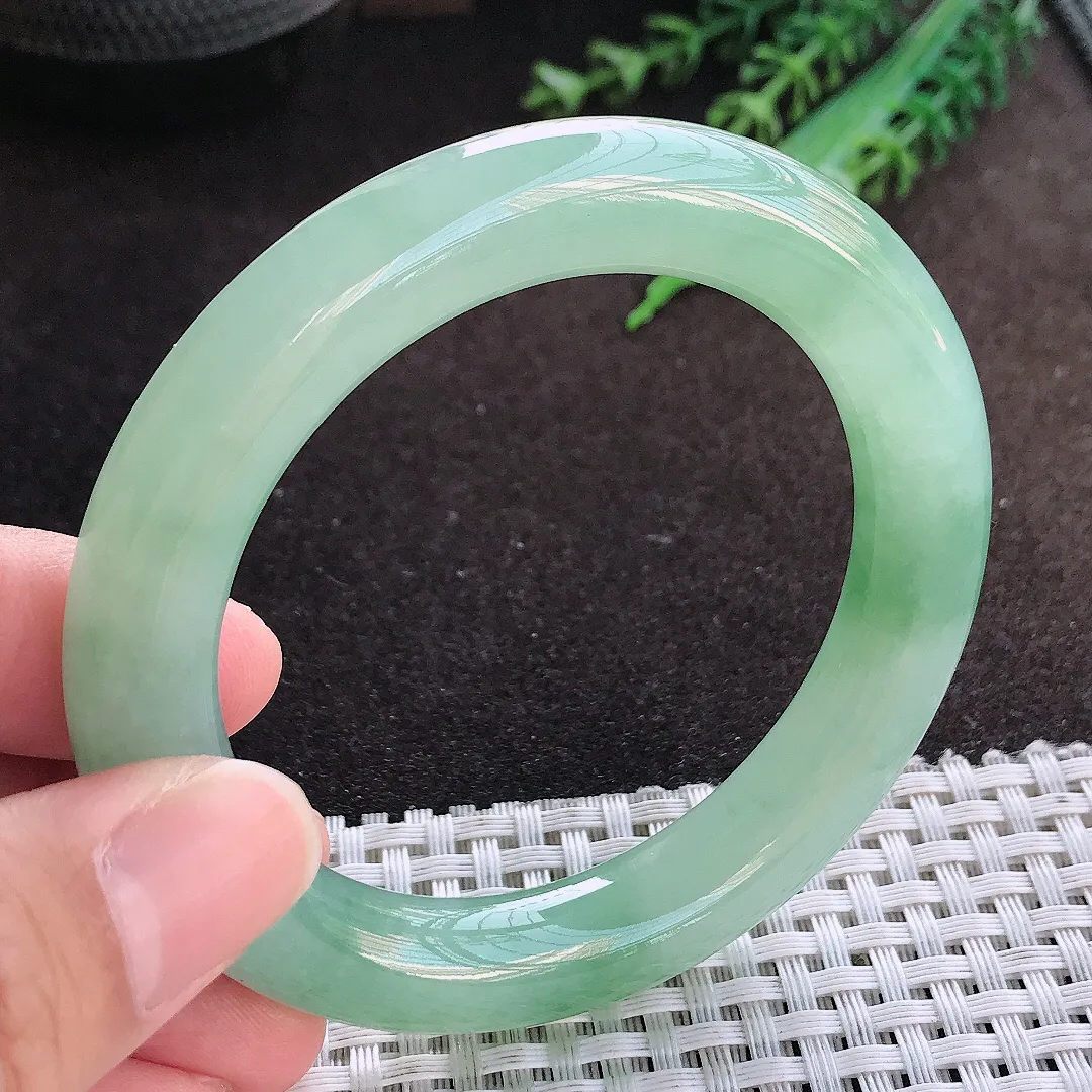 自然光54.5/18.7/10.8老坑冰胶果冻冰晴绿圆条手镯翡翠玉镯美人镯