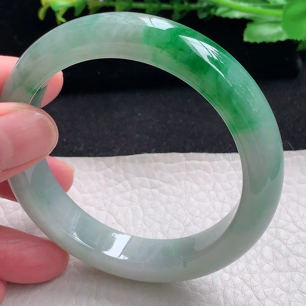 ll自然光56*12.5*8.5平安镯 天然缅甸翡翠a货辣绿宽边玉镯子 玉手环