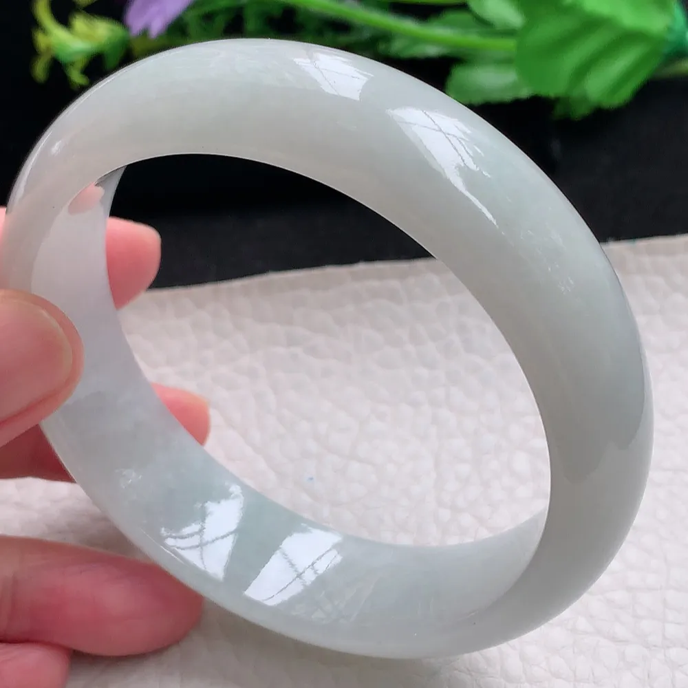 ll大圈口63*17.5*8.2轮胎镯 天然缅甸翡翠a货白月光大气宽边玉镯子 玉手环