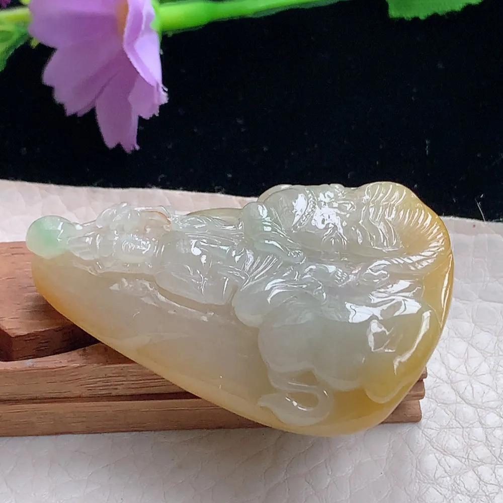 lz自然光33.8*19.5*6.8天然缅甸翡翠冰双彩普贤菩萨 玉观音玉吊坠 玉挂件