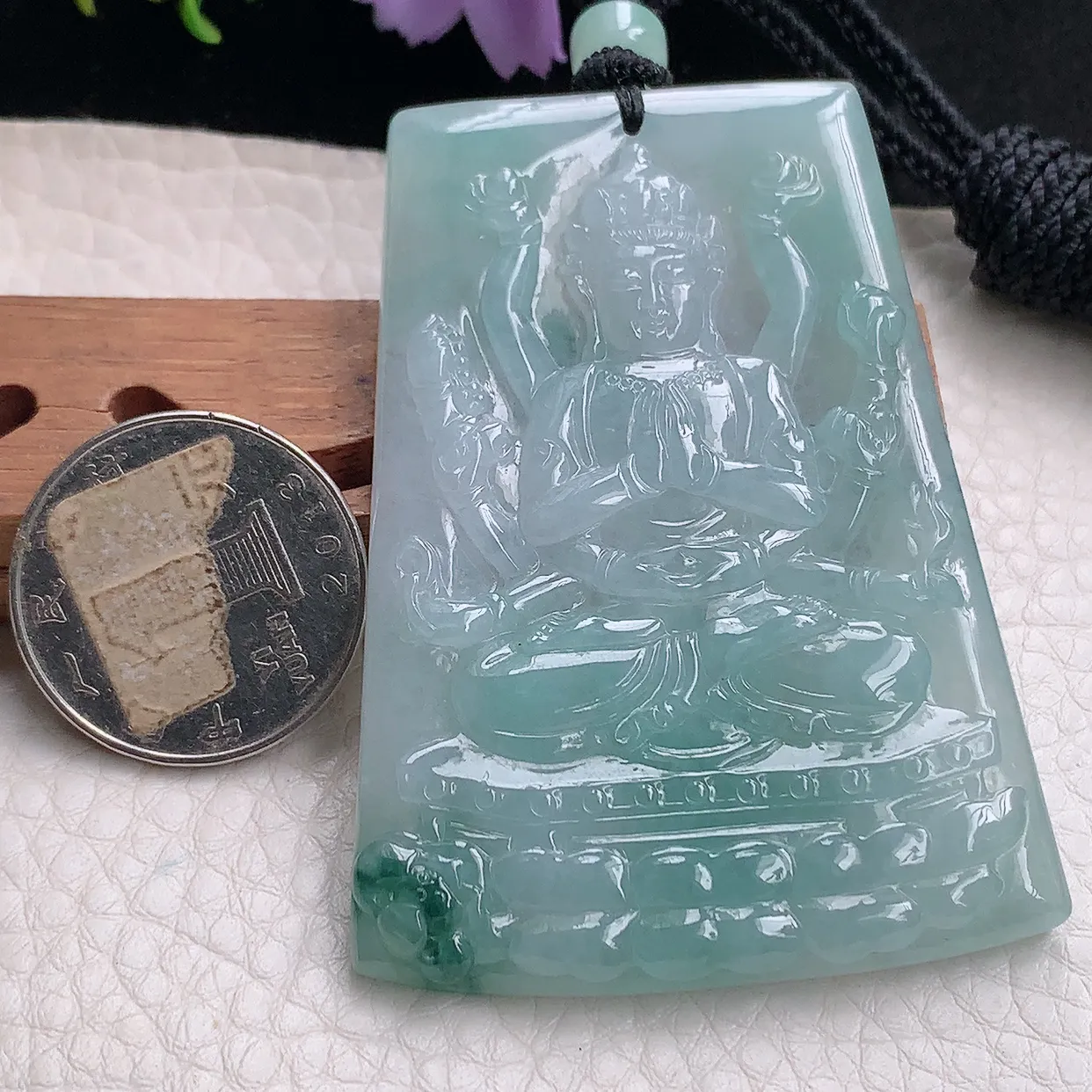 yl自然光65*48*6.3天然缅甸翡翠冰飘花千手观音 玉观音玉吊坠 玉挂件