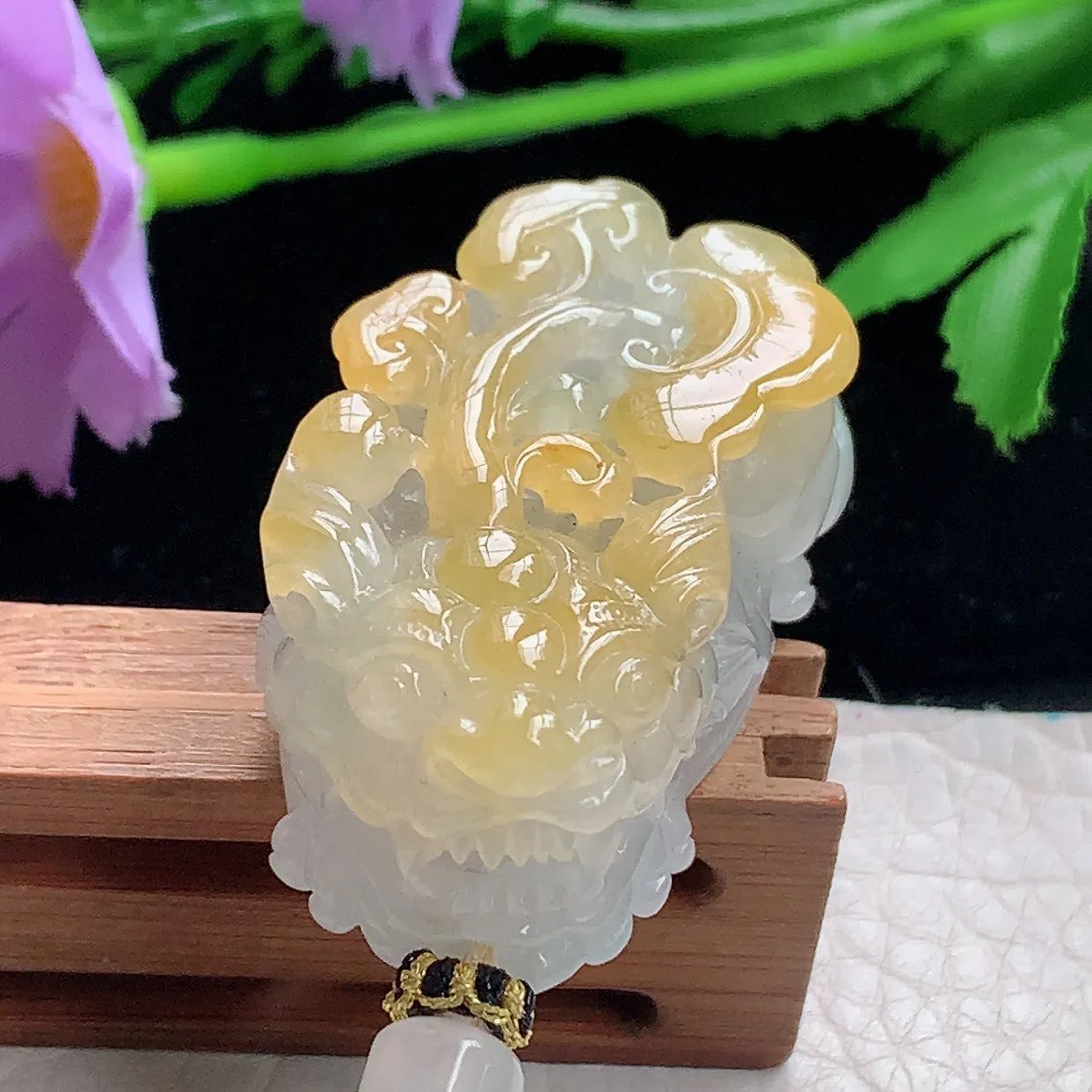 yl自然光43*25*19天然缅甸翡翠冰双彩招财貔貅 玉皮休玉吊坠 玉挂件口含金珠能动