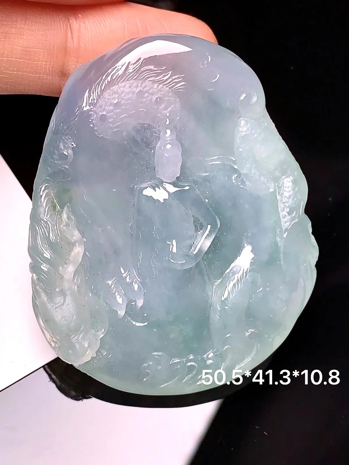 冰种乘龙无相观音吊坠 玉质细腻 色泽艳丽 整体尺寸50.5*41.3*10.8