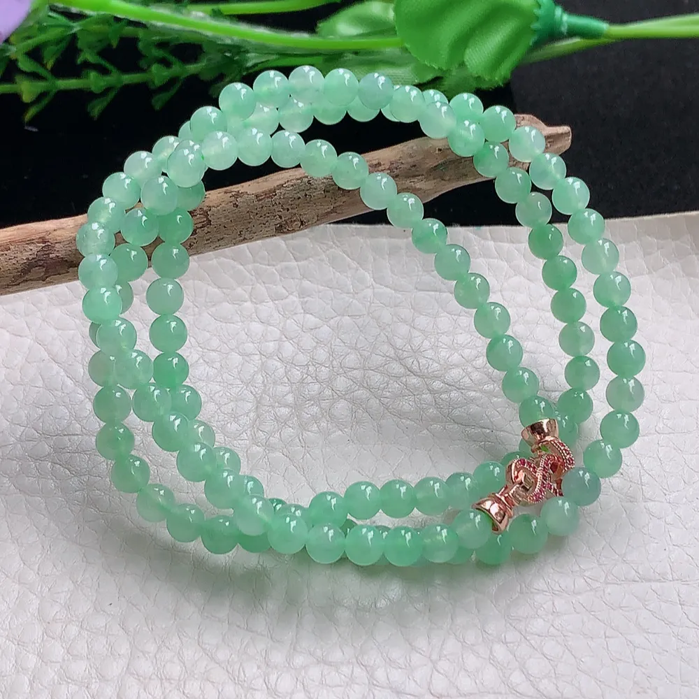 axm实拍5mm缅甸翡翠精雕冰绿5mm圆珠玉项链 玉珠链 周长约580mm