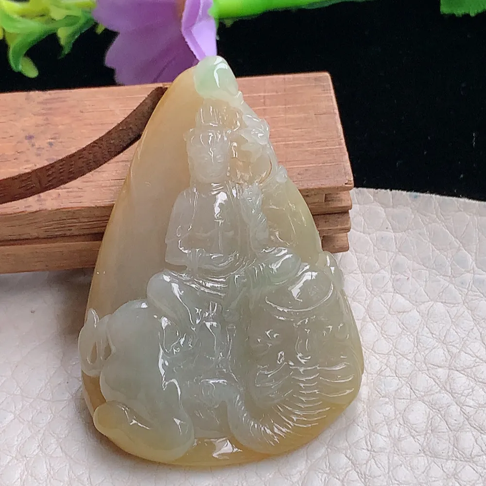 lz自然光33.8*19.5*6.8天然缅甸翡翠冰双彩普贤菩萨 玉观音玉吊坠 玉挂件