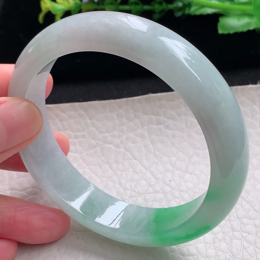 ll自然光58*14.2*8平安镯 天然缅甸翡翠a货飘阳绿宽边玉镯子 玉手环