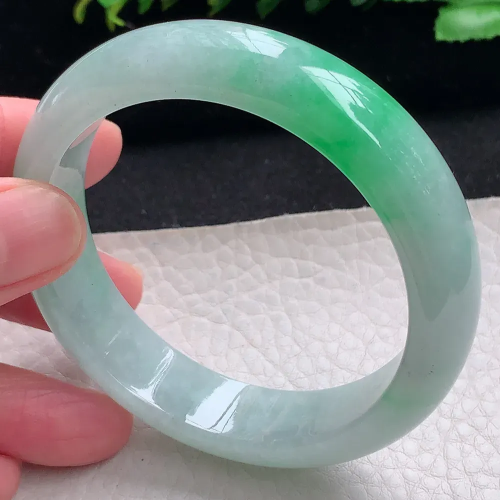 ll自然光55*14.2*7.8平安镯 天然缅甸翡翠a货飘阳绿宽边玉镯子 玉手环