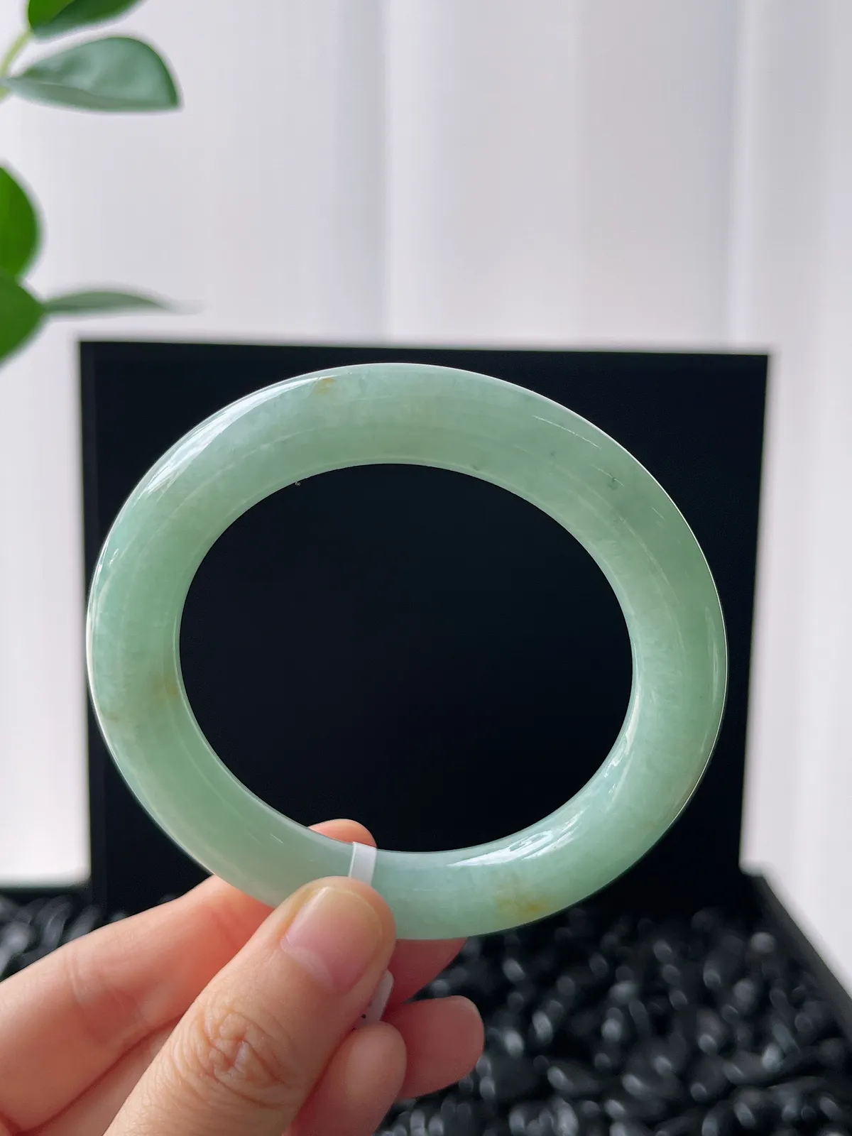 圆镯54.5圈口，翡翠糯化种淡绿色手镯