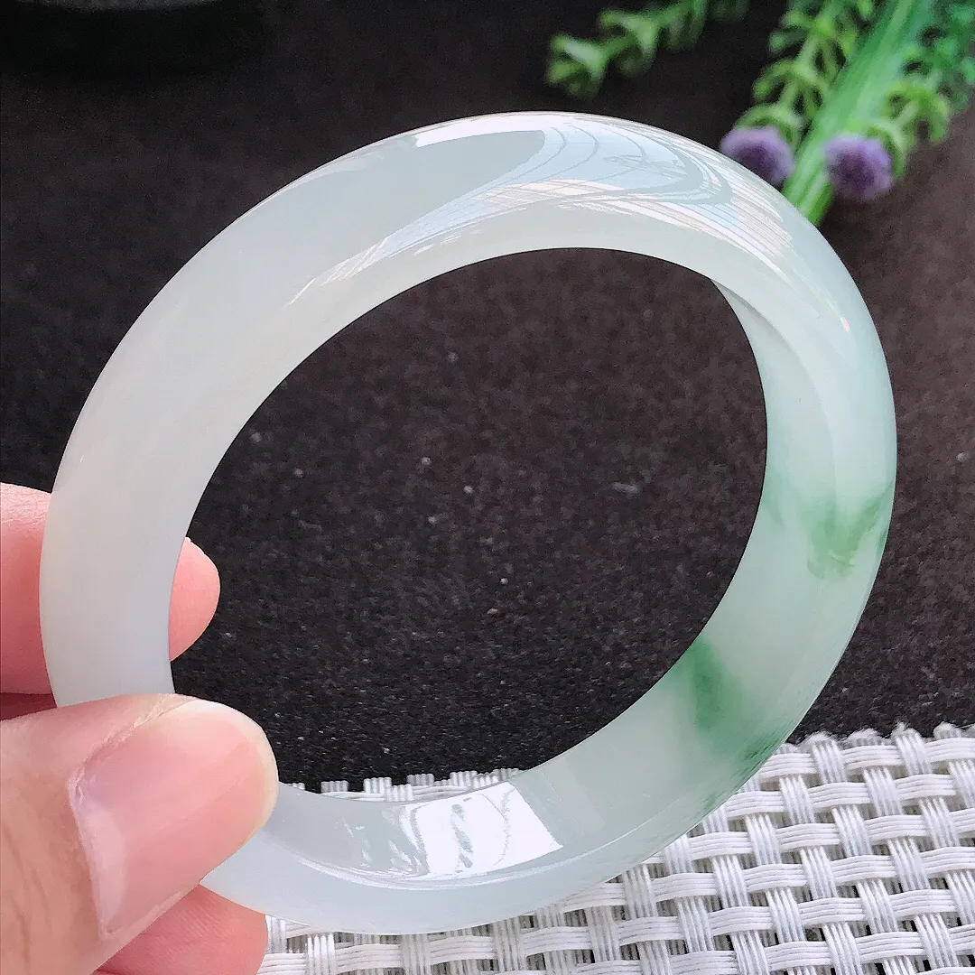 自然光56/12.9/8.3老坑冰透果冻胶冰飘花手镯宽边翡翠玉镯美人镯