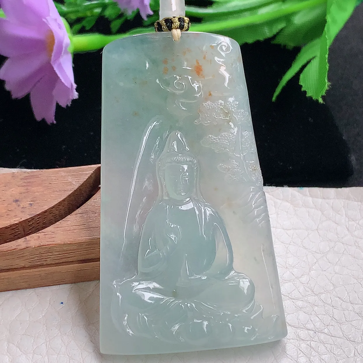 yl自然光65*48*6.3特色天然缅甸翡翠祥云瑞兆素面观音 玉观音玉吊坠 玉挂件