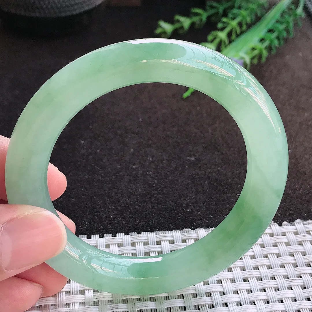 自然光54.5/18.7/10.8老坑冰胶果冻冰晴绿圆条手镯翡翠玉镯美人镯