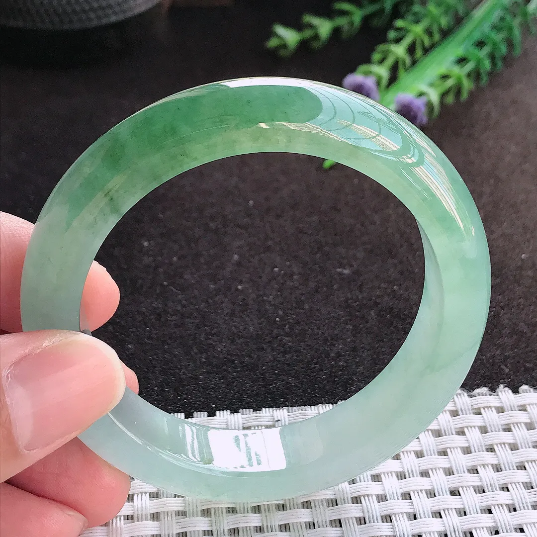 自然光53.5/12.6/8.8老坑冰胶果冻半山水冰油绿手镯宽边翡翠玉镯美人镯