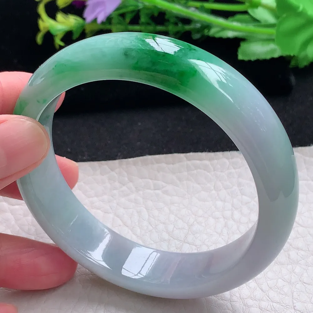ll自然光59.5*15.2*8轮胎镯 天然缅甸翡翠a货辣绿宽边玉镯子 玉手环