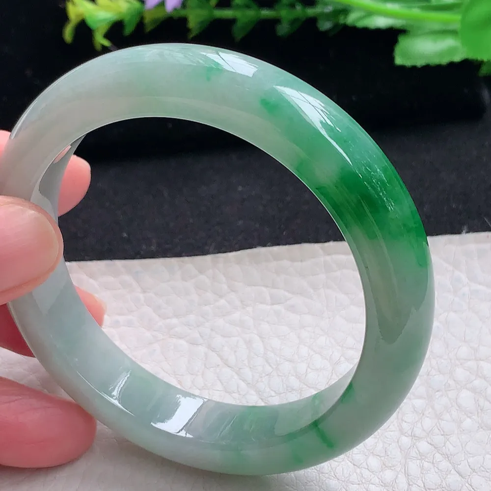 ll自然光56*12.5*8.5平安镯 天然缅甸翡翠a货辣绿宽边玉镯子 玉手环