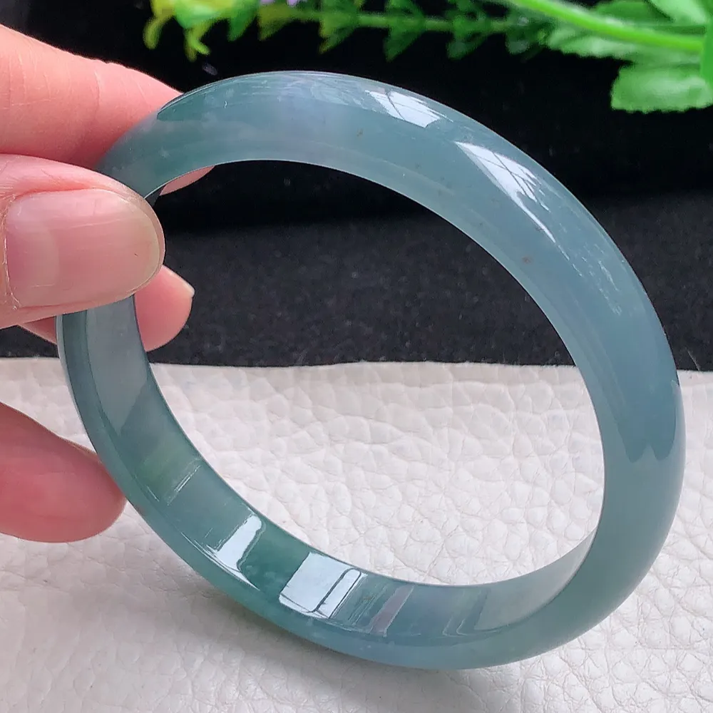 ll大圈口61*11.5*6.3平安镯 天然翡翠a货蓝水宽边玉镯子 玉手环