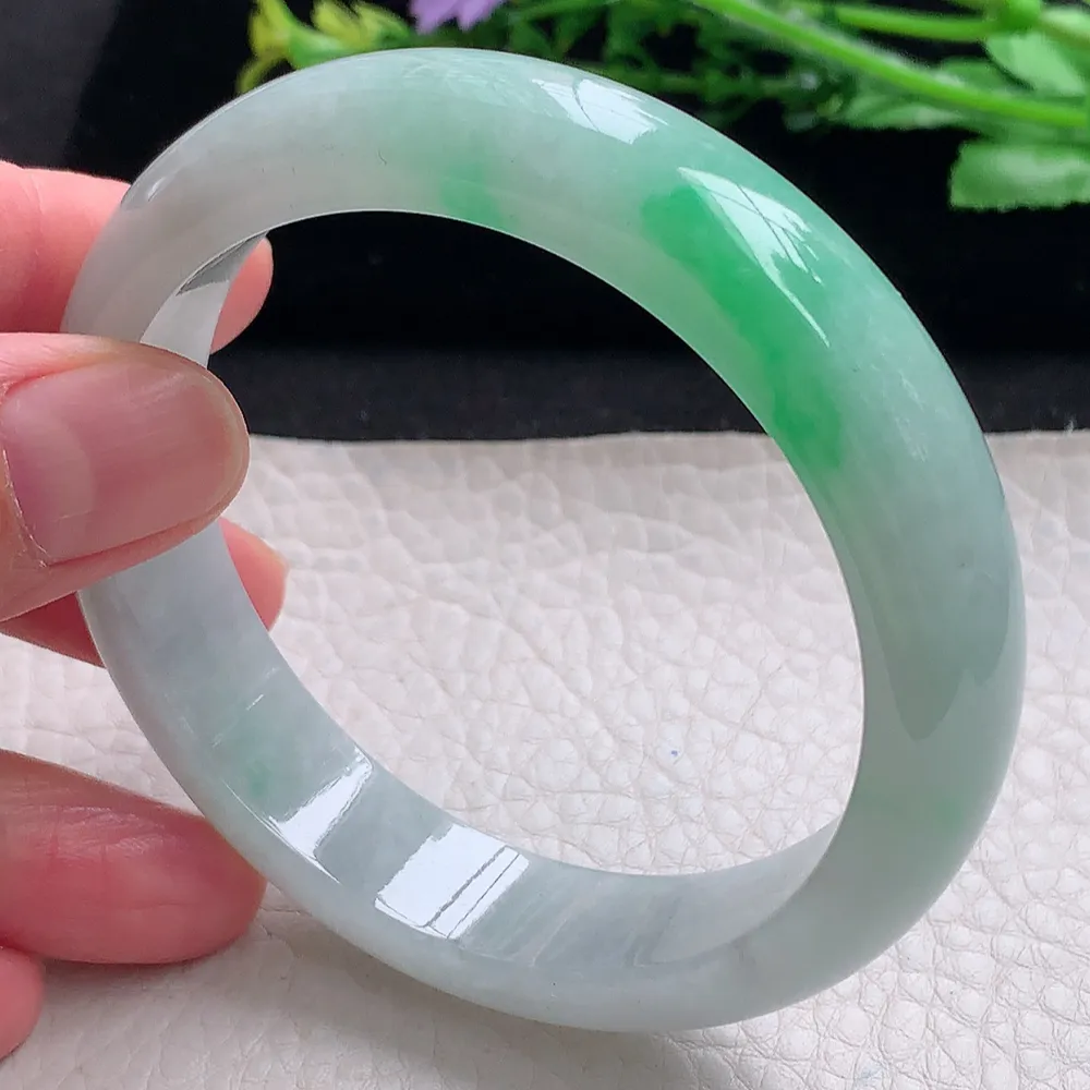 ll自然光58*14.2*8平安镯 天然缅甸翡翠a货飘阳绿宽边玉镯子 玉手环