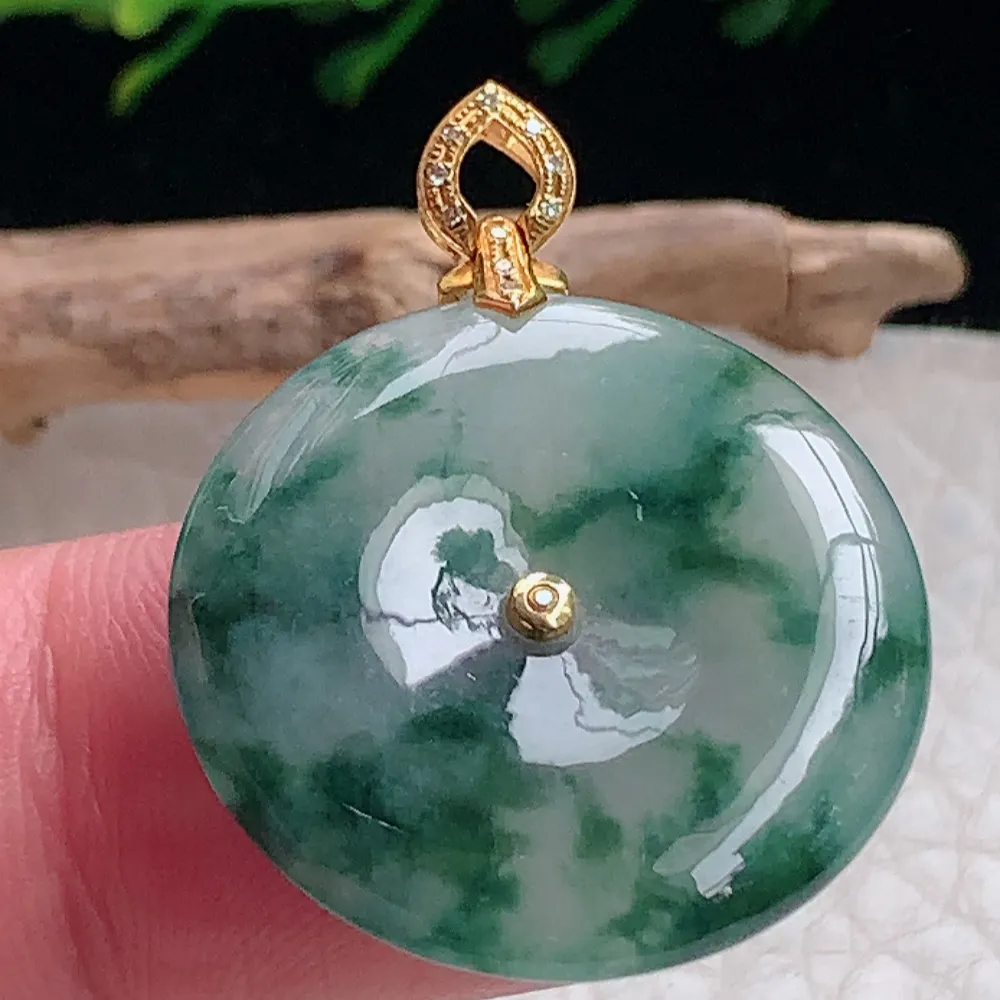 axm自然光26.2*4.3天然缅甸翡翠冰飘花平安扣 玉扣玉吊坠 玉挂件