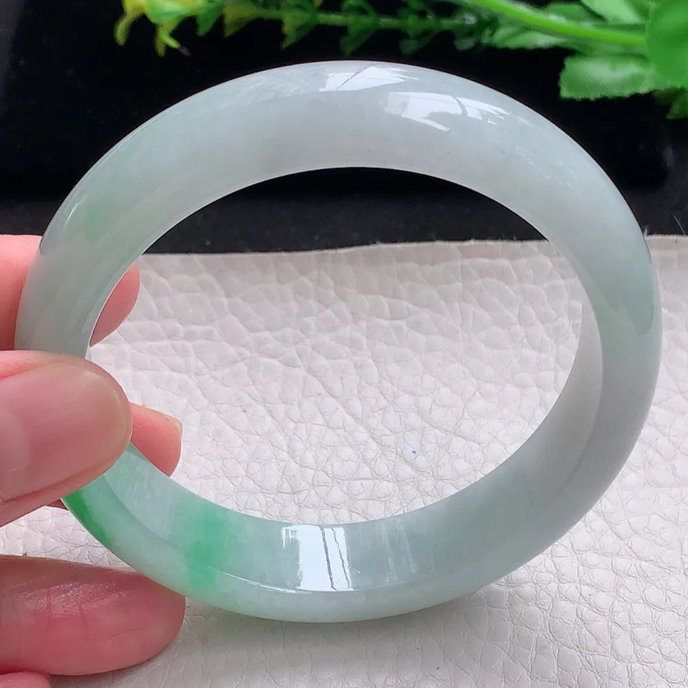 ll自然光58*14.2*8平安镯 天然缅甸翡翠a货飘阳绿宽边玉镯子 玉手环