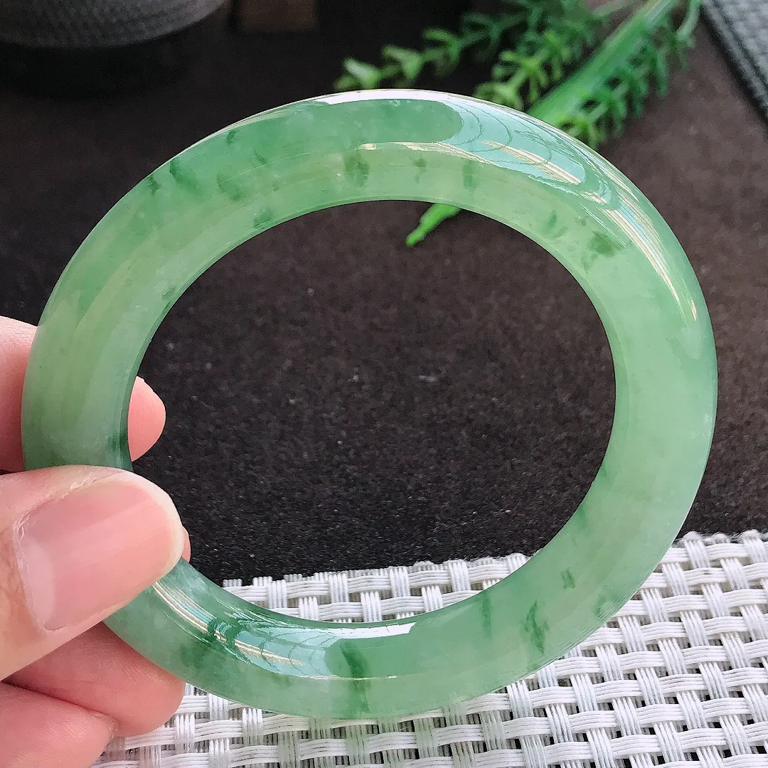 自然光55/11.2/11老坑冰胶果冻冰晴满绿圆条手镯翡翠玉镯美人镯